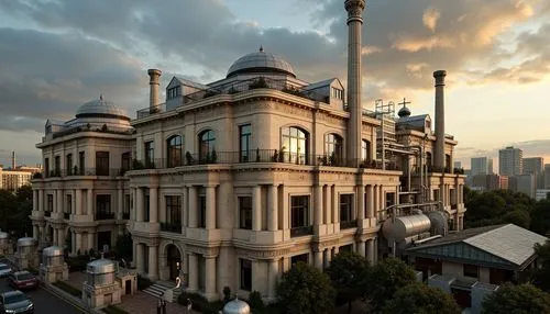 Grandiose energy plant, neoclassical fa\u00e7ade design, ornate stone carvings, symmetrical columns, architrave details, grand entranceways, majestic domes, intricate metalwork, luxurious glass roofs,