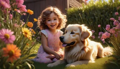 girl with dog,liesel,adaline,boy and dog,little boy and girl,golden retriever,beautiful girl with flowers,samen,tenderness,annie,disneynature,flower girl,princess sofia,little girl in pink dress,innocence,floricienta,aerith,little princess,fairy tale,daisy,Photography,Artistic Photography,Artistic Photography 05