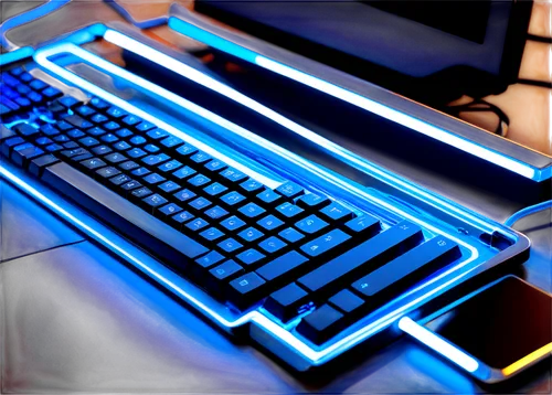 HD desktop background, futuristic computer screen, sleek modern design, glowing blue neon lights, thin metal frame, high-tech circuitry details, wires and cables, 45-degree angle view, shallow depth o