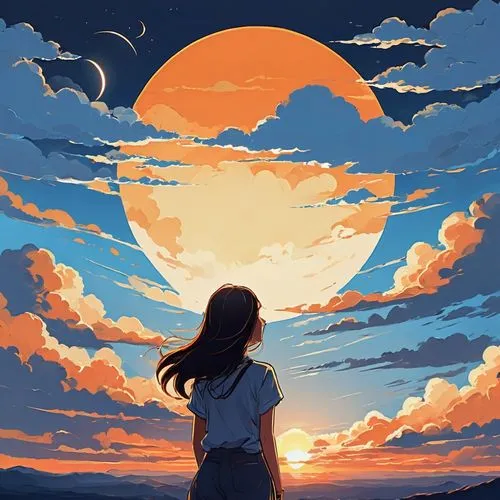 setting sun,sunset,moonrise,summer sky,summer evening,sky,orange sky,daybreak,evening sky,dusk background,moon and star background,sun moon,hanging moon,rising sun,sunset glow,the horizon,coucher,dawn,beautiful wallpaper,distant,Illustration,Japanese style,Japanese Style 06