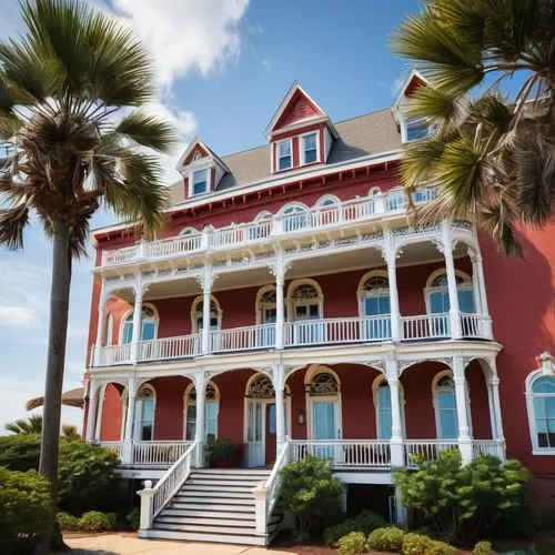 Cape May architecture, Victorian-style mansion, coastal scenery, sandy beach, clear blue sky, fluffy white clouds, intricate wooden decorations, grand entrance, ornate staircase, spacious balcony, vin