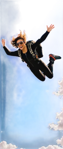 Free falling person, skydiver, solo, dynamic pose, arms and legs spread wide, wind-blown hair, goggles on face, blue sky background, fluffy white clouds, sunlight shining down, 3/4 composition, shallo