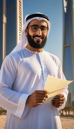 Middle Eastern male architect, 35yo, confident smile, black beard, glasses, white dishdasha, traditional Arabic attire, standing confidently, holding blueprints, gesturing passionately, modern skyscra