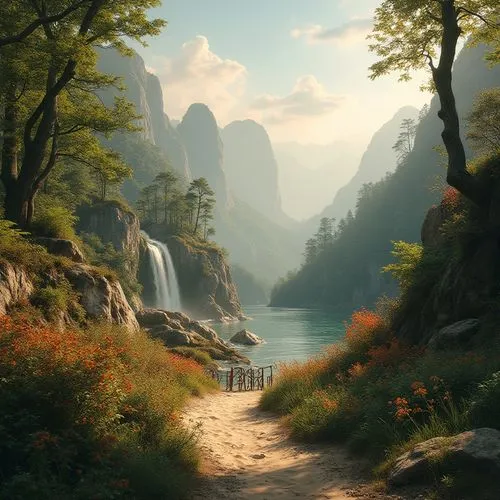 fantasy landscape,rivendell,mountain landscape,landscape background,nature landscape,world digital painting,beautiful landscape,river landscape,mountainous landscape,natural scenery,forest landscape,the natural scenery,mountain scene,landscape nature,mountain spring,fantasy picture,high landscape,alpine landscape,seclude,landscapes beautiful,Photography,General,Realistic