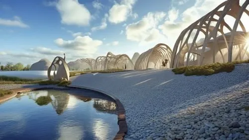 several sculptures and an arched bridge over a pond,viola bridge,angel bridge,dragon bridge,colorado riverway bridge,falkirk wheel,adventure bridge,Photography,General,Realistic