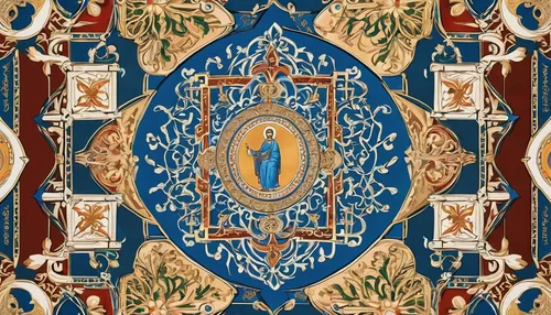 motifs of blue stars,khokhloma painting,fresco,art nouveau design,wall panel,paisley digital background,spanish tile,tapestry,theater curtain,floral ornament,the prophet mary,romanian orthodox,art nouveau frame,ornament,theatre curtains,frame ornaments,delft,panel,decorative frame,greek orthodox,Illustration,Realistic Fantasy,Realistic Fantasy 43