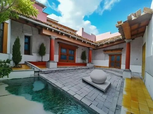 DISEÑO DE UNA CASA ESTILO MEXICANO MODERNO, CON UN CLAUSTRO CONFORMADO POR UNA TERRAZA  A BASE DE VIGAS DE MADERA, TEJA, COLUMNAS REDONDAS, EN EL CENTRO UN ESPEJO DE AGUA, CON EL ESTILO DE LA ARQUITEC