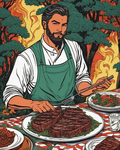 yakiniku,mongolian barbecue,cooking book cover,shami kebab,bulgogi,teppanyaki,carne asada,iranian cuisine,咕噜肉,meat kane,barbeque,meat carving,barbacoa,bbq,men chef,placemat,galbi,chef,turkish cuisine,kabab koobideh,Illustration,Black and White,Black and White 19