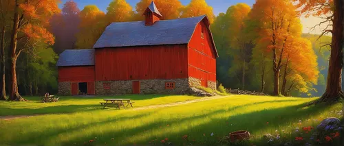 red barn,barn,farm landscape,autumn landscape,rural landscape,barns,fall landscape,autumn idyll,home landscape,farm hut,old barn,red roof,field barn,farm background,one autumn afternoon,farm house,farmhouse,quilt barn,farmstead,autumn scenery,Illustration,Realistic Fantasy,Realistic Fantasy 32