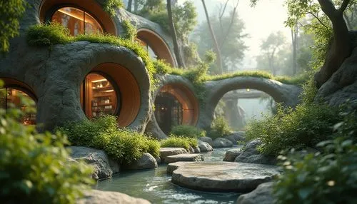 fantasy landscape,hobbiton,rivendell,nook,moss landscape,3d fantasy,fairy village,tunnel of plants,elven forest,ecotopia,plant tunnel,house in the forest,fantasy picture,oasis,earthship,biopiracy,fairy house,forest house,fantasy art,climbing garden,Photography,General,Realistic