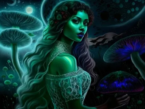 nude Beautiful nigerian girl, full dark curly hair, big green almond eyes, full black lips, misty sky,a beautiful young woman is standing in front of some mushrooms,leota,fairie,faerie,green mermaid s