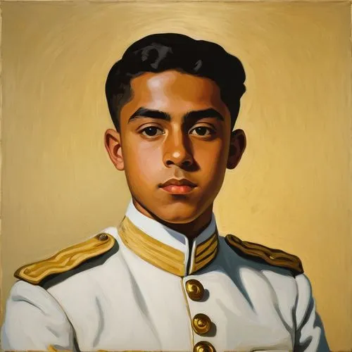 Portrait of a young person in a white and gold military-style uniform against a gradient background.,a painting of a man wearing a uniform,tretchikoff,rizalino,bhumibol,aguinaldo,aguayo,apolinario,Art