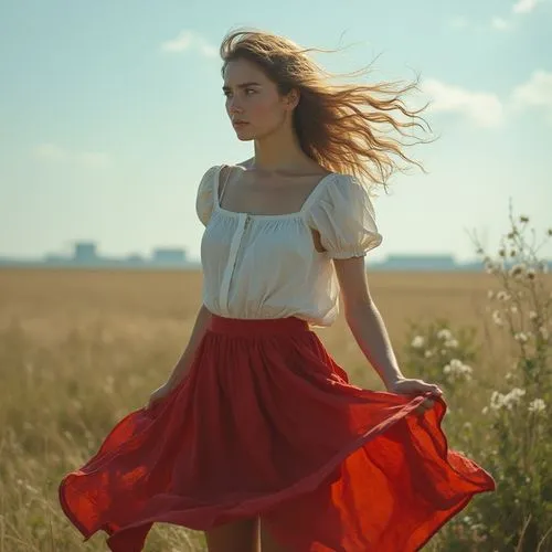 red skirt,country dress,red summer,countrywoman,little girl in wind,red cape