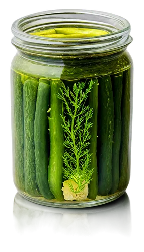 Dill pickles, glass jar, transparent lid, greenish-yellow dill, vinegar liquid, crunchy texture, fresh scent, kitchen counter, afternoon sunlight, shallow depth of field, warm color tone, 3/4 composit