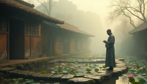 Wetland monastery, simple yet elegant architecture, minimal ornamentation, weathered wooden walls, rusty metal roofs, serene misty surroundings, lotus flowers blooming in shallow water, winding stone 