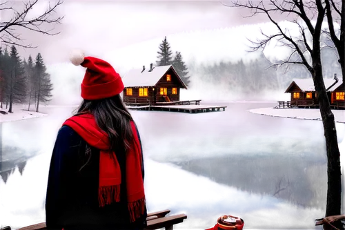 tomte,lutin,christmas landscape,elfland,befana,santa's village,winter background,christmasbackground,red coat,st claus,christmas scene,winter lake,winterland,elfed,saint nicholas' day,moroz,saint nicholas,christmas snowy background,christmas background,red riding hood,Illustration,American Style,American Style 14