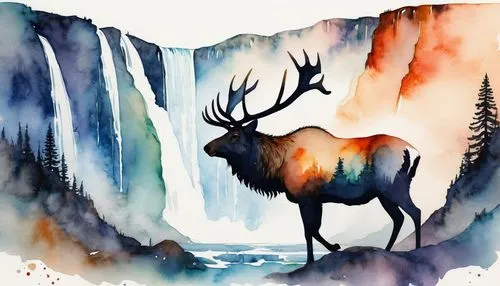 An artistic painting in a watercolor style of a silhouette of the outline of a large elk with its face up, and inside it is painted in a more abstract style, a breathtaking view of waterfalls in natur