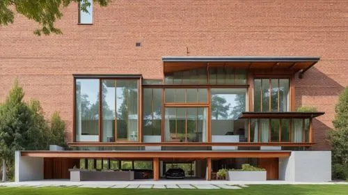 modern luxury design จอดรด6คัน,a brick building with many windows and steps leading up to it,corten steel,modern house,mid century house,vitra,kundig,contemporary,Photography,General,Realistic