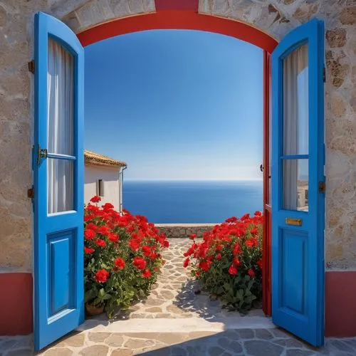 greek island door,blue door,window with sea view,sicily window,open door,greek island,Photography,General,Realistic