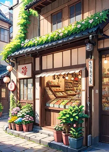 komeda,flower shop,watercolor tea shop,bakery,izakaya,ryokans,watercolor shops,soap shop,gold shop,japanese restaurant,nogaideli,udon,kumashiro,bakeshop,kurashiki,teahouse,store front,grocery,village shop,pastry shop,Anime,Anime,Traditional