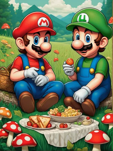 super mario brothers,mario bros,toadstools,mushrooms,forest mushrooms,mushrooming,club mushroom,edible mushrooms,mario,mushroom landscape,super mario,mushroom island,game illustration,nintendo,mushrooms brown mushrooms,forest workers,mushroom hat,medicinal mushroom,brown mushrooms,mushroom type,Illustration,Japanese style,Japanese Style 15