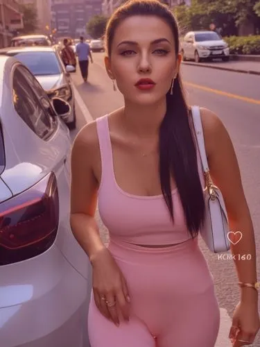 A perky lady on the street in “give me a kiss” mode.,a woman in tight pink clothing stands next to a car,social,otilia,raghda,yanet,lbci,elitsa,Photography,General,Realistic