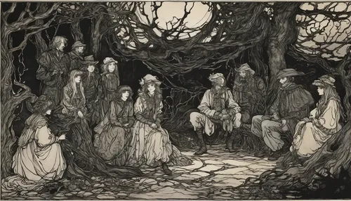 arthur rackham,druids,the night of kupala,the dark hedges,alfons mucha,witch's house,halloween illustration,celebration of witches,witch house,druid grove,walpurgis night,haunted forest,the branches of the tree,hand-drawn illustration,the three magi,halloween bare trees,dance of death,candlemas,coppice,halloween ghosts,Illustration,Retro,Retro 25