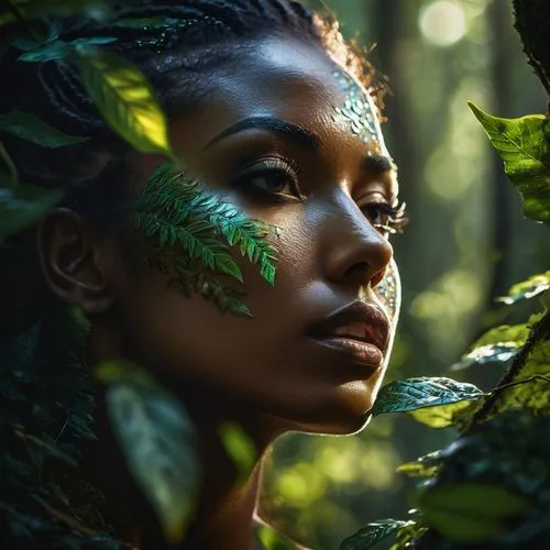 dryad,natural cosmetics,natura,mystical portrait of a girl,tropical greens,fantasy portrait,mother earth,faery,portrait photography,polynesian girl,faerie,mother nature,leafed through,natural cosmetic,retouching,polynesian,rwanda,african woman,green skin,woman portrait,Photography,General,Fantasy