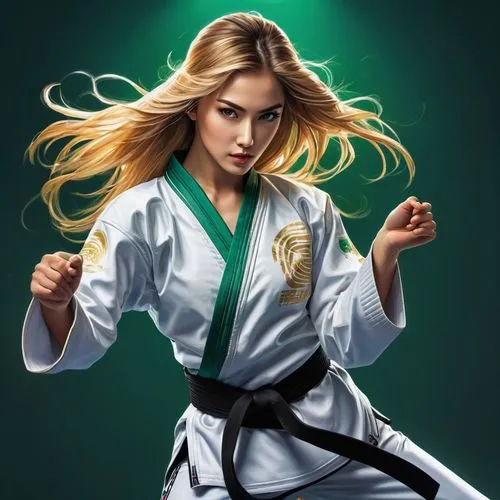 r realistic beautiful girls, oval face shape, gold long hair, s-shape eyebrow, wide set eyes, green eyes, heavy lower  lips, triangle body shape, (full body show), masterpiece., wearing Taekwondo suit