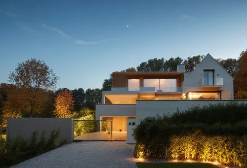 glass concrete bricks landscape garden trees pool summer sunlight daylight blue sky people night view,dunes house,modern house,passivhaus,3d rendering,architektur,modern architecture,dinesen,landscape