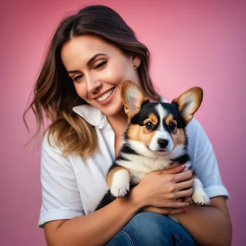 Una guapa morena con pantalones blanco y vaqueros sosteniendo y abrazando al cachorro corgi con el fondo rosado del avión. Amor a los animales, concepto de mascotas. mujer alegre sosteniendo al perro 