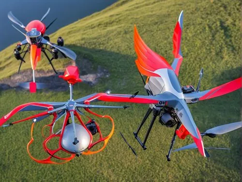 the three model helicopters in flight on a grassy area,quadcopter,quadrocopter,multirotor,tandem gliders,uavs,the pictures of the drone,Photography,General,Realistic