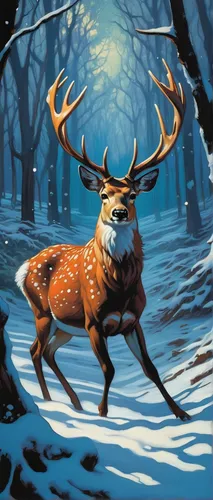 An enchanted winter twilight, a deer prancing through a frosty enchanted forest.,winter deer,deer illustration,christmas deer,pere davids deer,rudolph,raindeer,stag,glowing antlers,caribou,reindeer,ru