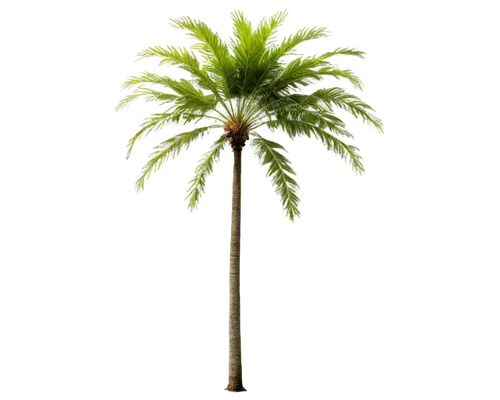 Palm tree, slender trunk, green leaves, tropical atmosphere, solo, morning sunlight, soft shadows, detailed texture, natural material, warm color tone, 3/4 composition, shallow depth of field, cinemat