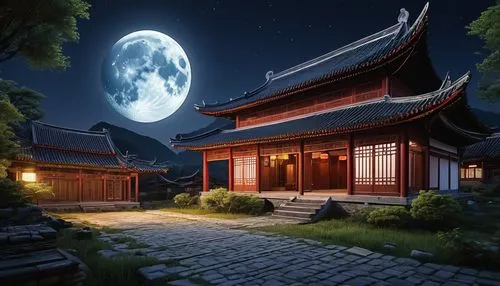 moonlit night,tsukemono,mid-autumn festival,moonlit,hanok,ryokan,asian architecture,night scene,moon at night,japan's three great night views,kyoto,moon and star background,full moon,japanese architecture,moon night,world digital painting,lanterns,japanese shrine,moonrise,big moon,Photography,General,Realistic