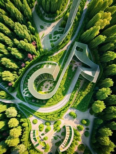 futuristic landscape,aerial landscape,green forest,eco,aaa,eco-construction,green trees,panoramical,nürburgring,greenforest,green valley,urban design,futuristic architecture,environmental art,plant tunnel,tree tops,utopian,hairpins,roof landscape,tunnel of plants