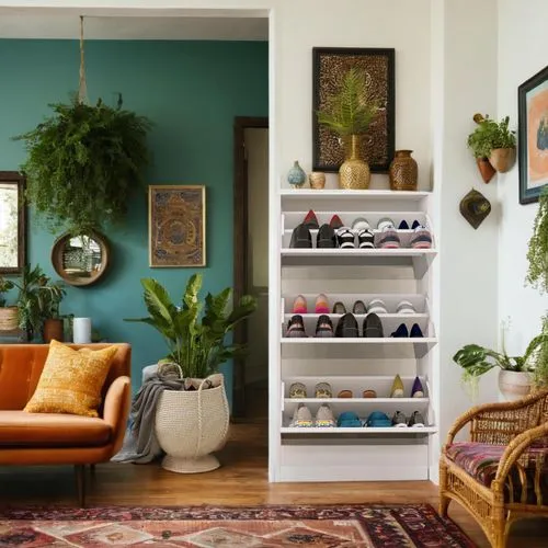 门口旁,this living room has a shelf with different colored shoes,shoe cabinet,teal and orange,turquoise leather,sitting room,mudroom,persian norooz