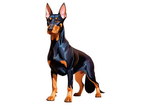 Doberman Pinscher, standing pose, black coat, muscular body, athletic build, pointed ears, piercing brown eyes, short fur, shiny texture, strong jawline, sitting on haunches, front paws together, rega