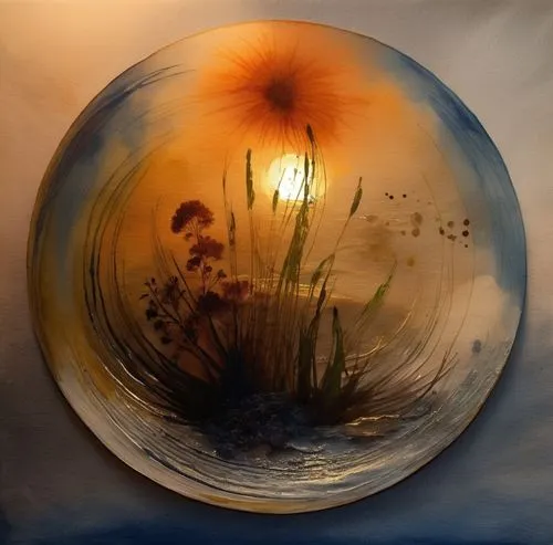 a circular glass painting of flowers and a sunset,glass painting,water lily plate,flower painting,glass sphere,pallens,round window,Illustration,Paper based,Paper Based 24