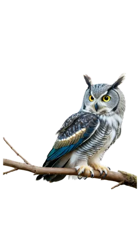 Owl, nocturnal bird, solo, (20cm), white feathers, yellow eyes, sharp beak, wings spread wide, perched on branch, colourful plumage, iridescent blues and greens, warm golden light, soft focus, shallow