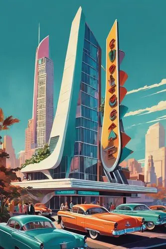 jetsons,tailfins,autopia,retro diner,cinerama,futuristic architecture,futuristic landscape,midcentury,futurist,megacorporations,sedensky,atomic age,futurians,futurists,futuristic art museum,cybertown,futureworld,streamline,popmart,art deco,Illustration,Retro,Retro 12