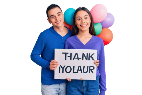 Hand holding sign, "Thank You" written in bold font, colorful balloons surrounding, smiling face with bright eyes, gentle eyebrows, soft pink lips, casual clothing, relaxed posture, warm lighting, sha