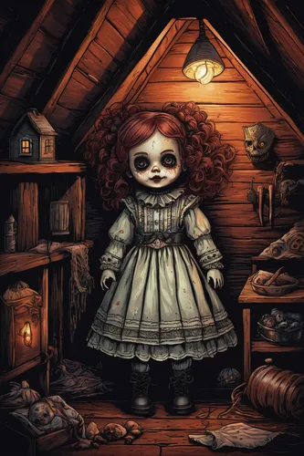 wooden doll,cloth doll,raggedy ann,doll head,killer doll,doll house,doll's house,doll's head,redhead doll,doll kitchen,female doll,rag doll,marionette,the little girl's room,dollhouse,the little girl,painter doll,tumbling doll,vintage doll,halloween illustration,Illustration,Realistic Fantasy,Realistic Fantasy 45