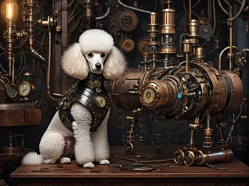 clockmaker,watchmaker,steampunk,king charles spaniel,miniature poodle,scientific instrument,steampunk gears,dog-photography,dog photography,toy poodle,poodle crossbreed,projectionist,standard poodle,bichon frisé,toy dog,metal lathe,havanese,bichon,physicist,inventor,Conceptual Art,Fantasy,Fantasy 25