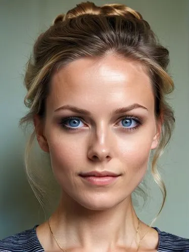 The picture shows a woman in a close-up. Her face is turned directly towards the camera. She has fair skin and blue eyes. Her hair is dark blonde to light brown and loosely tied back, with a few stran