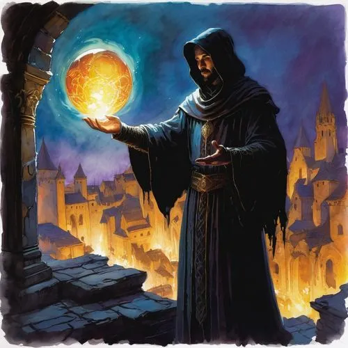 (watercolor sketch, impressionism:1.2), by John Blansche, dark mage, holding a glowing majestic orb in hands, (silhouette of a ruined medieval city:1.2) in the background, inspired by D&D world, bold 