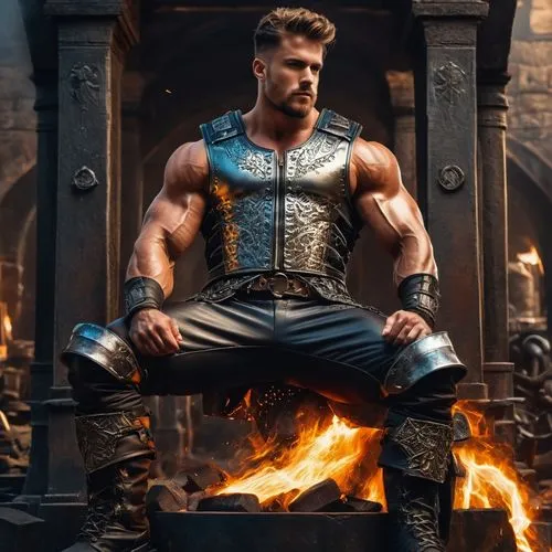 a son of Hephaestus as a full god wearing a metal vest, metal pants, metal  boots, with powerful muscles, insanely handsome, laying on an anvil,a man with a leather outfit on in front of a fireplace,a