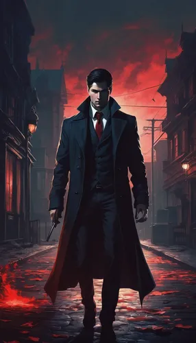 mafia,dracula,overcoat,detective,game illustration,daredevil,game art,holmes,black city,cg artwork,negroni,would a background,investigator,bram stoker,banker,background images,red coat,walking man,black coat,sci fiction illustration,Conceptual Art,Fantasy,Fantasy 32