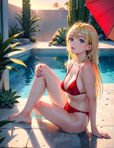 in a cozy study filled with the warm glow of a sunset, a young girl with blonde hair, blue eyes, red lips sits in a pool, surrounded by colorful umbrellas and water droplets. She wears a red bikini as