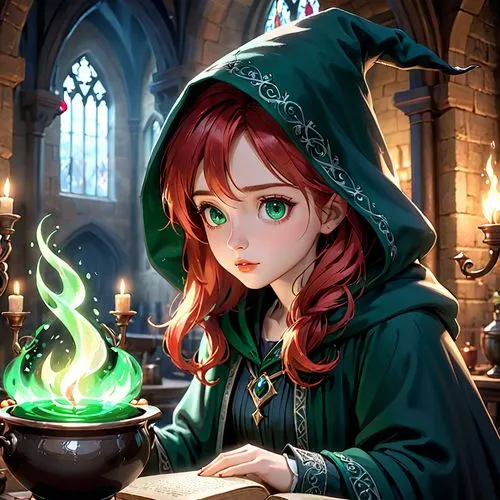 candlemaker,merida,cauldron,magic grimoire,mage,summoner,spell,sorceress,divination,potions,witch,apothecary,wizard,magical pot,witch's hat icon,fairy tale character,hogwarts,cg artwork,bremen,magus,Anime,Anime,Cartoon